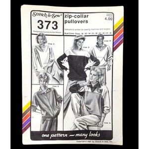 Vintage Zip Collar Pullover Pattern Stretch & Sew #373 Uncut 1980's Bust 30"-46"
